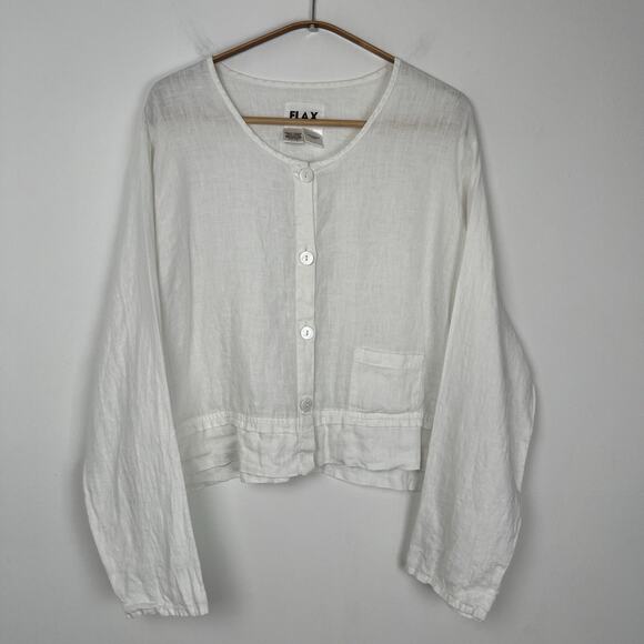 FLAX By Jeanne Englehart Sz M Long Sleeve Button Front Round Neck Linen Blouse - Picture 1 of 7